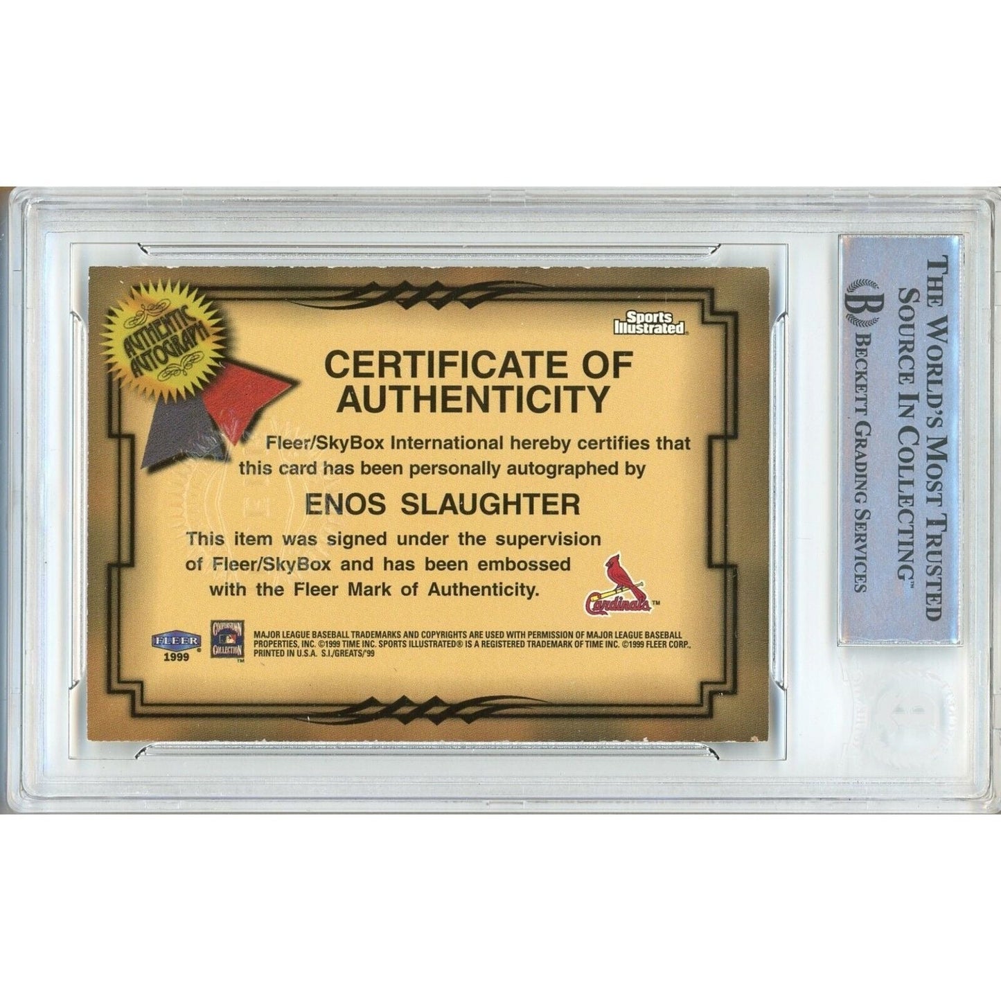 1999 Fleer Sports Illustrated Greats of the Game — Enos Slaughter St. Louis Cardinals Autographed Trading Card — Beckett Authentication