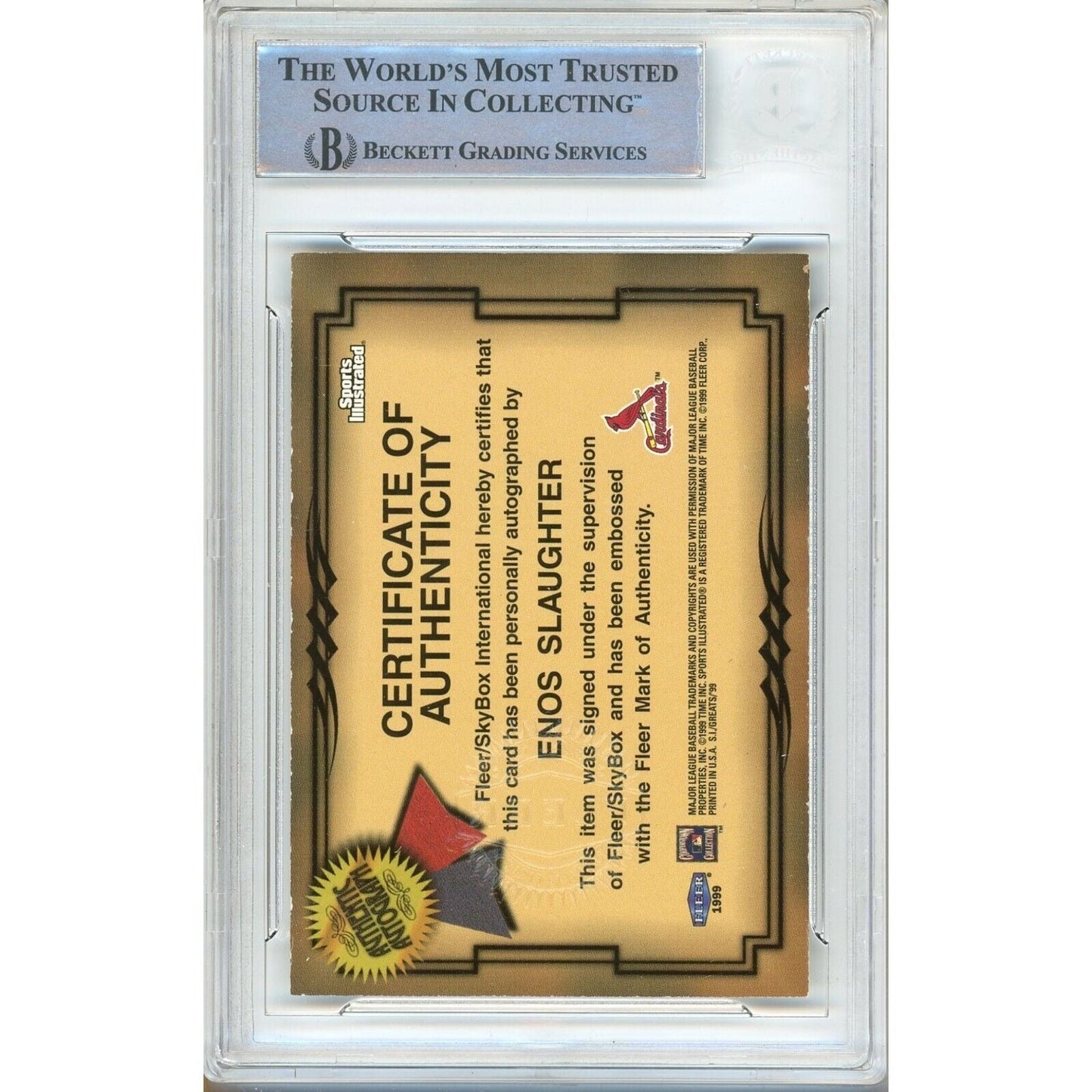 1999 Fleer Sports Illustrated Greats of the Game — Enos Slaughter St. Louis Cardinals Autographed Trading Card — Beckett Authentication