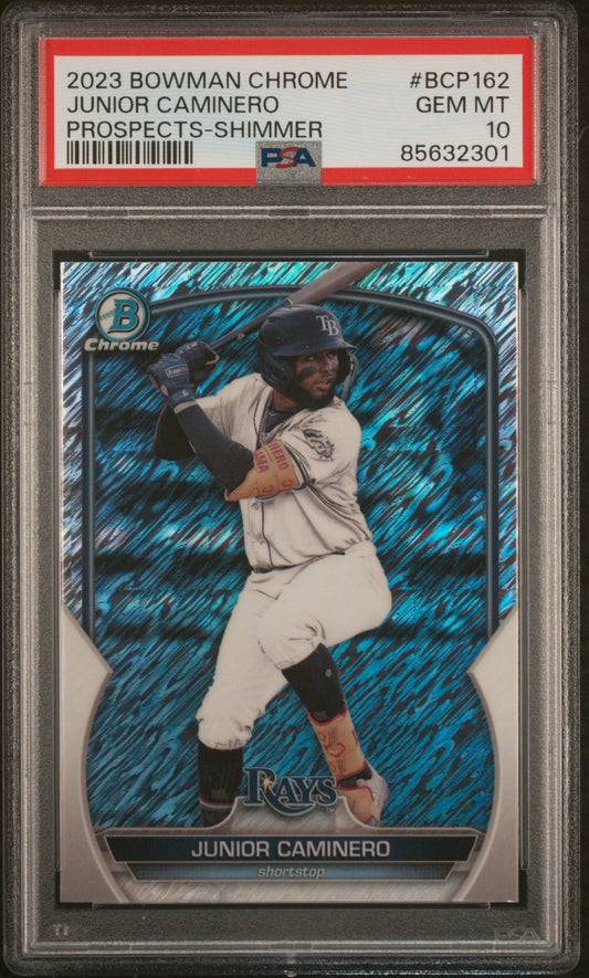 Graded 2023 Topps Bowman Chrome Junior Caminero #BCP162 Prospects Shimmer Rookie RC Baseball Card PSA 10 Gem Mint