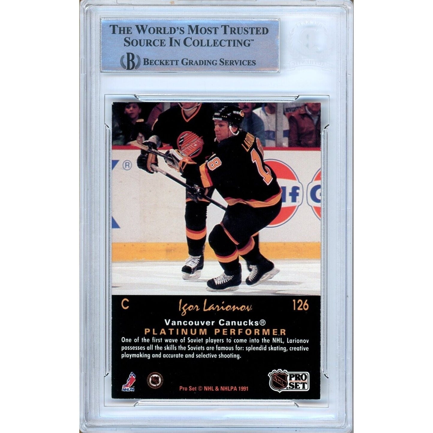 1991-92 NHL Pro Set Platinum #126— Igor Larionov Vancouver Canucks Autographed Trading Card — Beckett Authentication