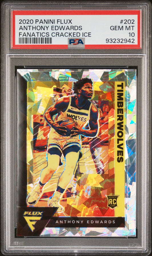 Graded 2020 Panini Flux Anthony Edwards #202 Fanatics Cracked Ice Rookie RC Basketball Card PSA 10 Gem Mint