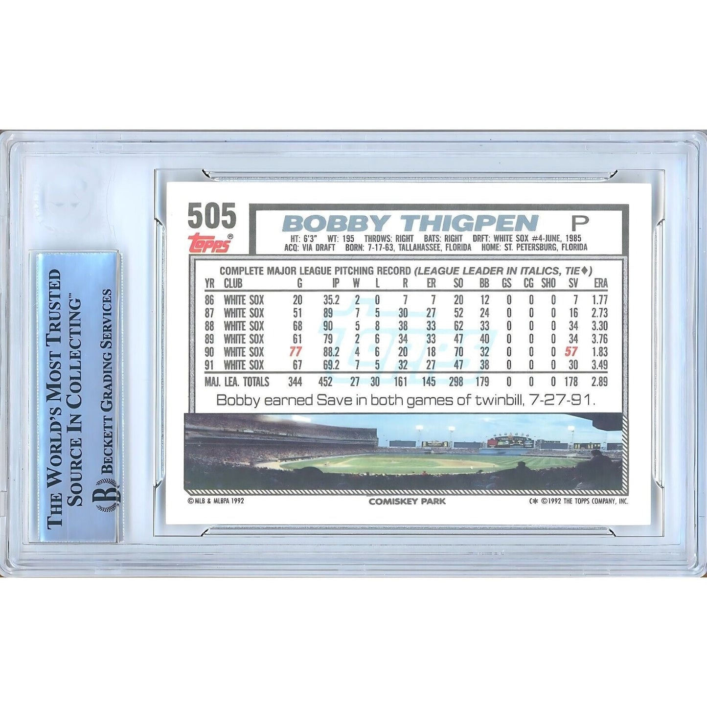 1992 Topps #505 — Bobby Thigpen Chicago White Sox Autographed Trading Card — Beckett Authentication