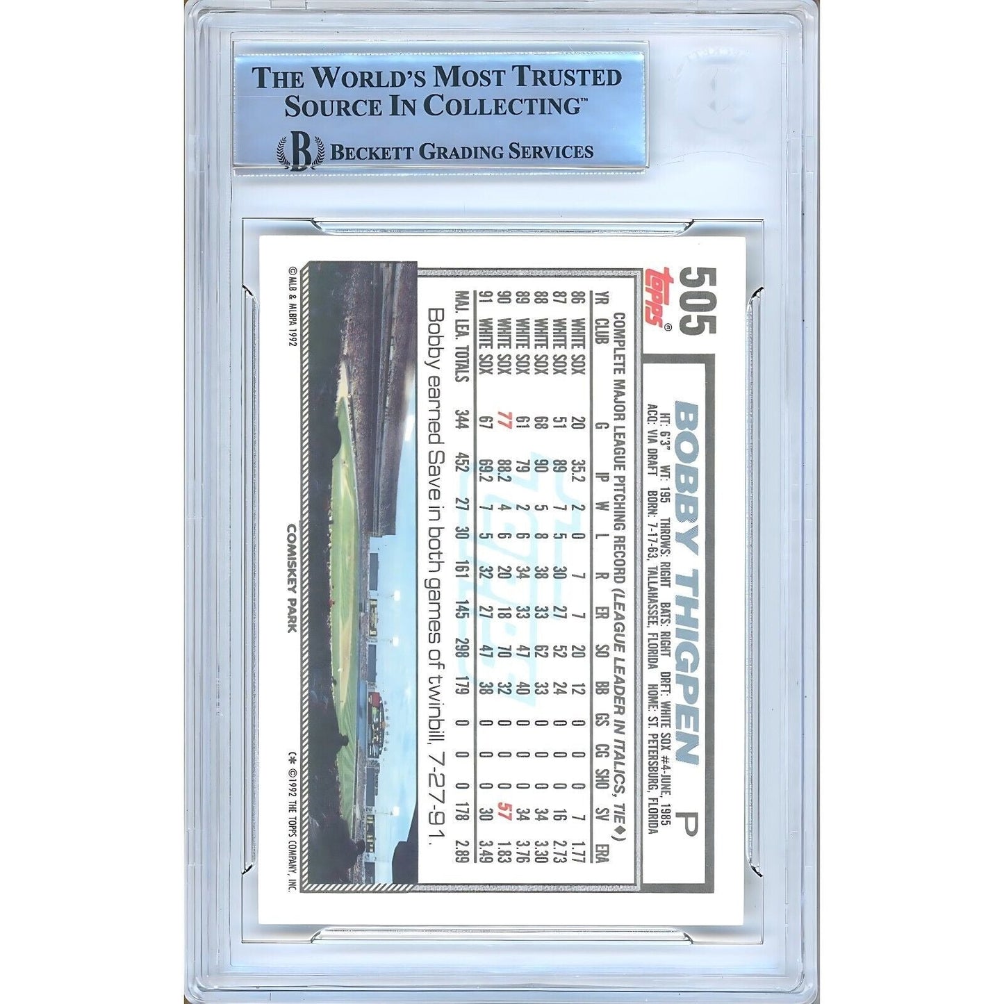 1992 Topps #505 — Bobby Thigpen Chicago White Sox Autographed Trading Card — Beckett Authentication