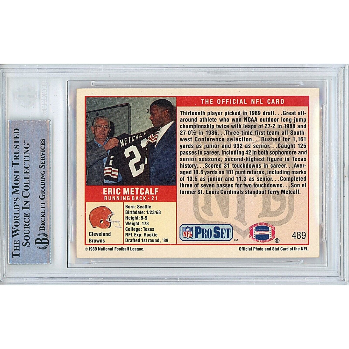 1989 NFL Pro Set #489 — Eric Metcalf Texas Longhorns Autographed Trading Card — Beckett Authentication - Sport Cards