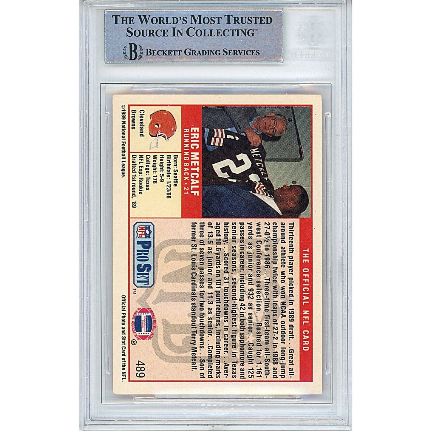 1989 NFL Pro Set #489 — Eric Metcalf Texas Longhorns Autographed Trading Card — Beckett Authentication - Sport Cards