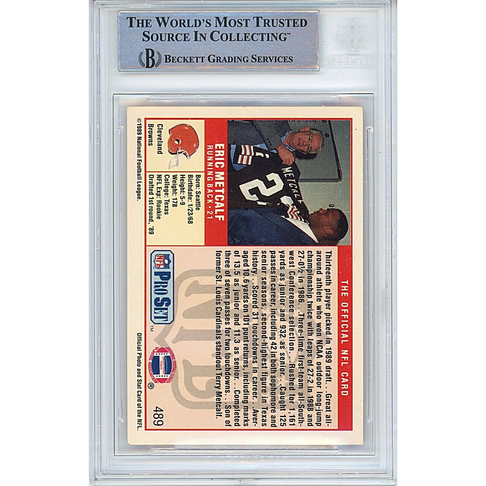 1989 NFL Pro Set #489 — Eric Metcalf Texas Longhorns Autographed Trading Card — Beckett Authentication - Sport Cards