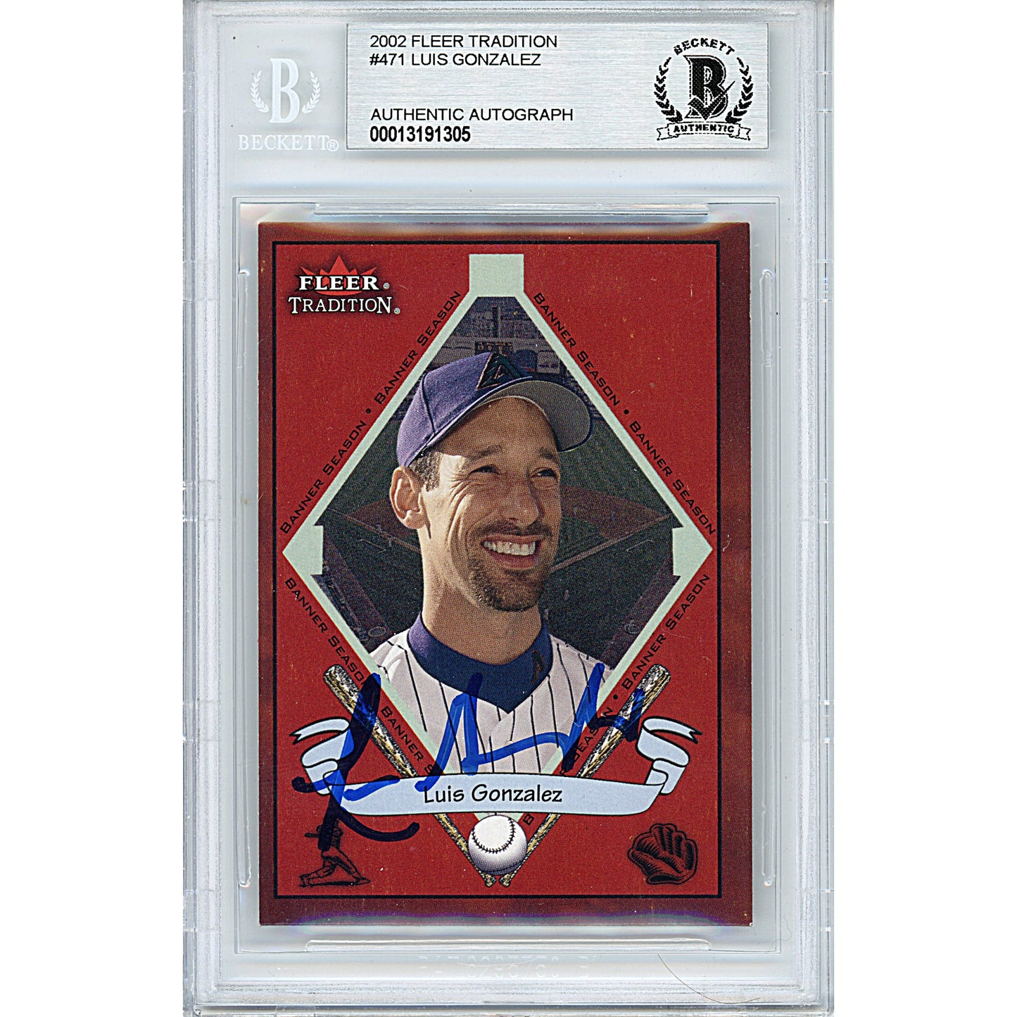 2002 Fleer Tradition #471 — Luis Gonzalez Arizona Diamondbacks Autographed Trading Card — Beckett Authentication