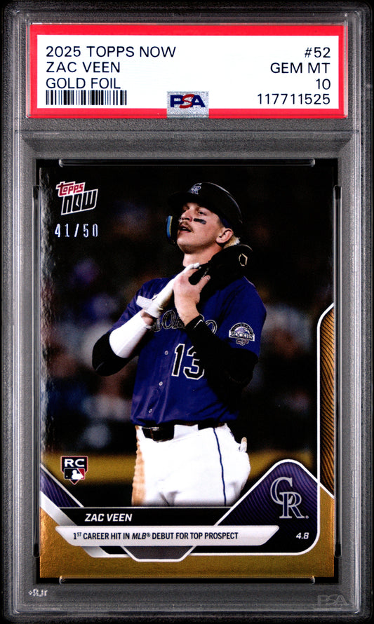 Graded 2025 Topps Now Zac Veen #52 Gold Foil /50 Rookie RC Baseball Card PSA 10 Gem Mint
