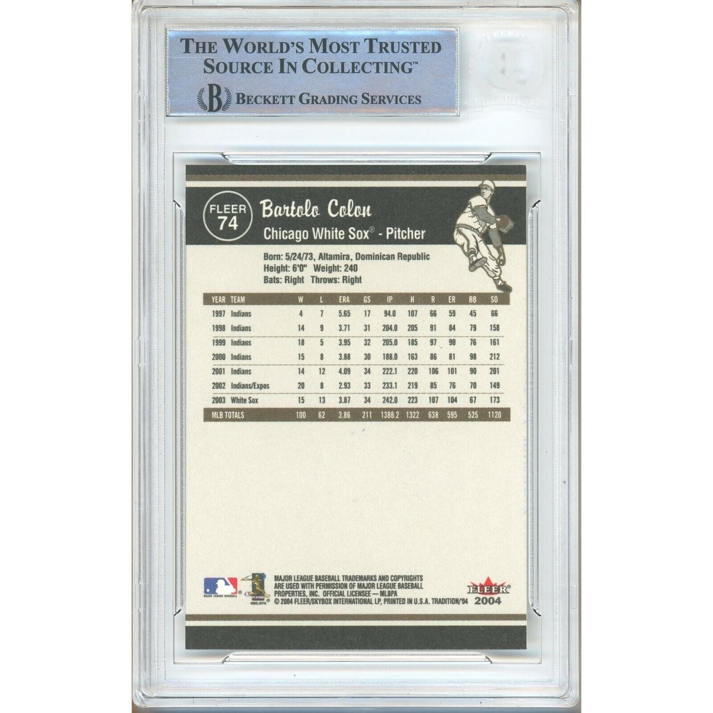 2004 Fleer Tradition #74 — Bartolo Colon Chicago White Sox Autographed Trading Card — Beckett Authentication