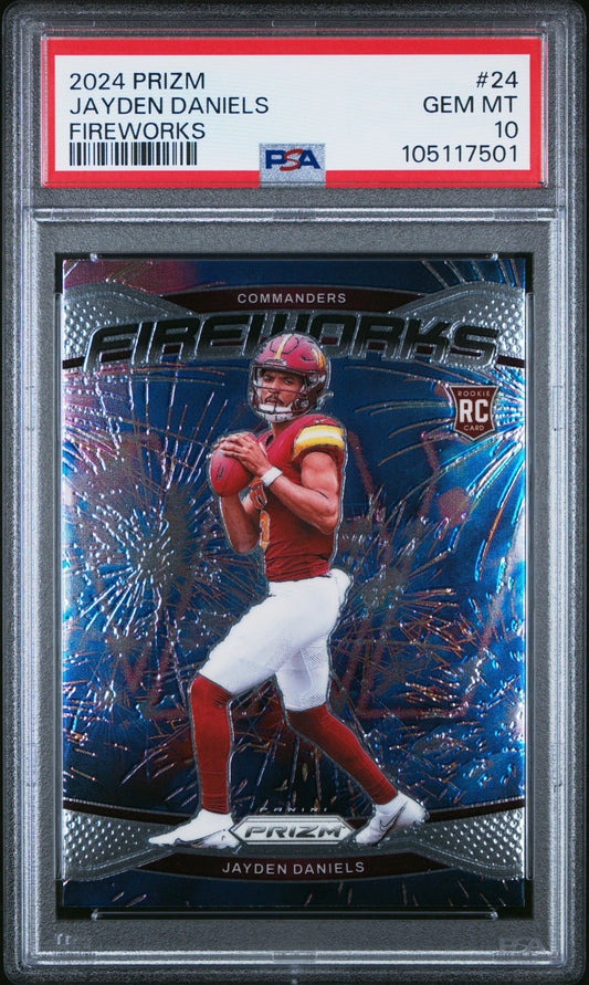 Graded 2024 Panini Prizm Jayden Daniels #24 Fireworks Rookie RC Football Card PSA 10 Gem Mint