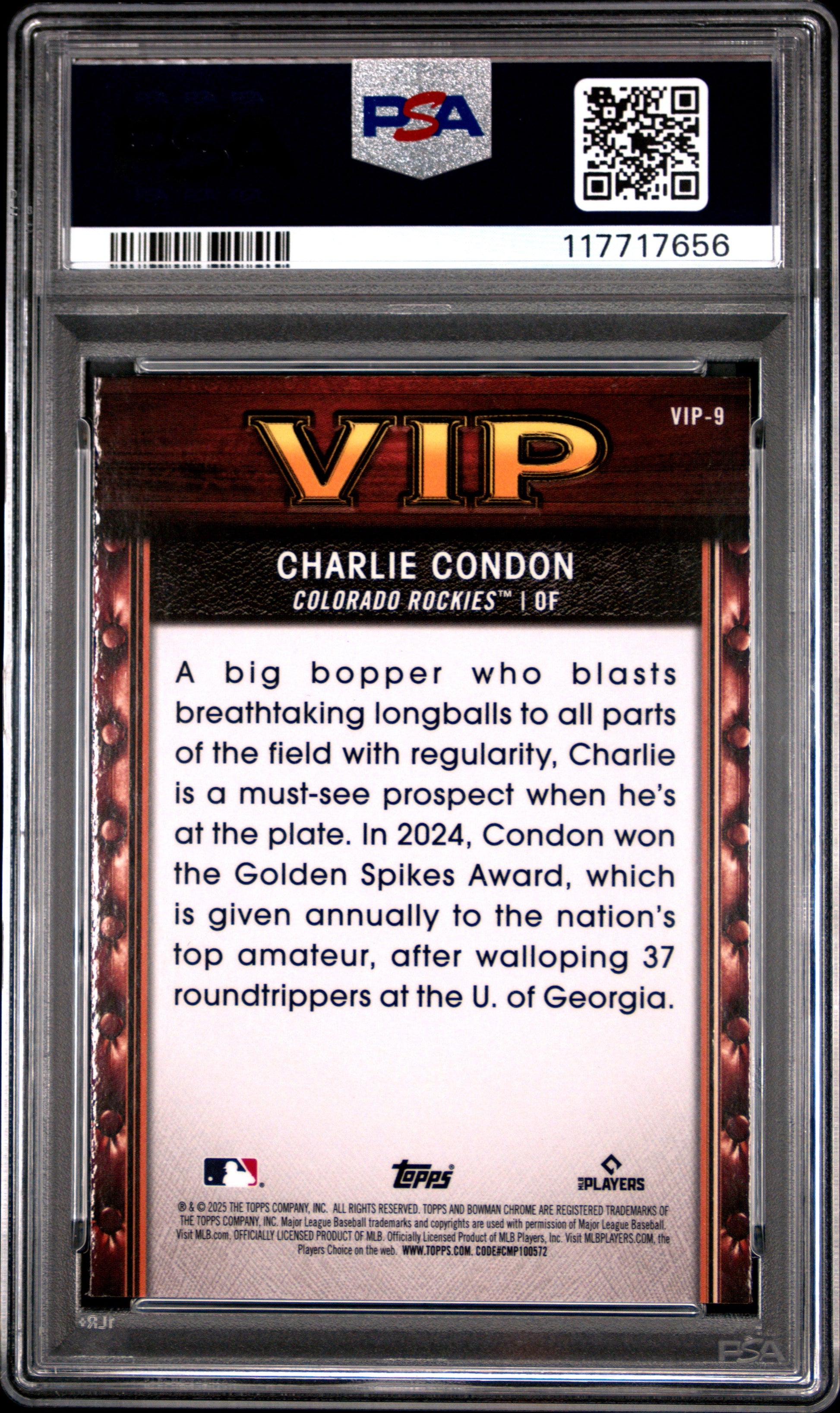 Graded 2025 Topps Bowman Charlie Condon #VIP9 Very Important Prospects Rookie RC Baseball Card PSA 10 Gem Mint - Sport Cards