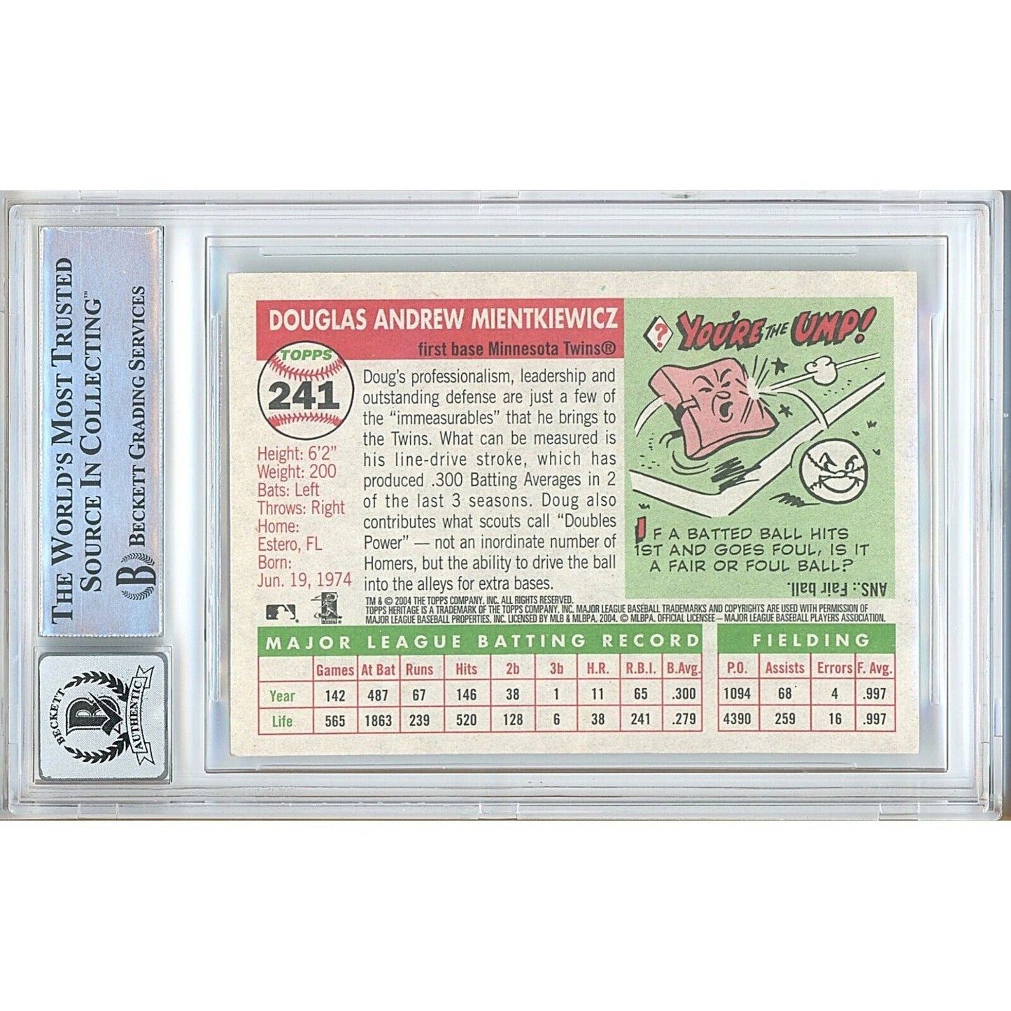 2004 Topps Heritage #241 — Doug Mientkiewicz Minnesota Twins Autographed Trading Card — Beckett Authentication
