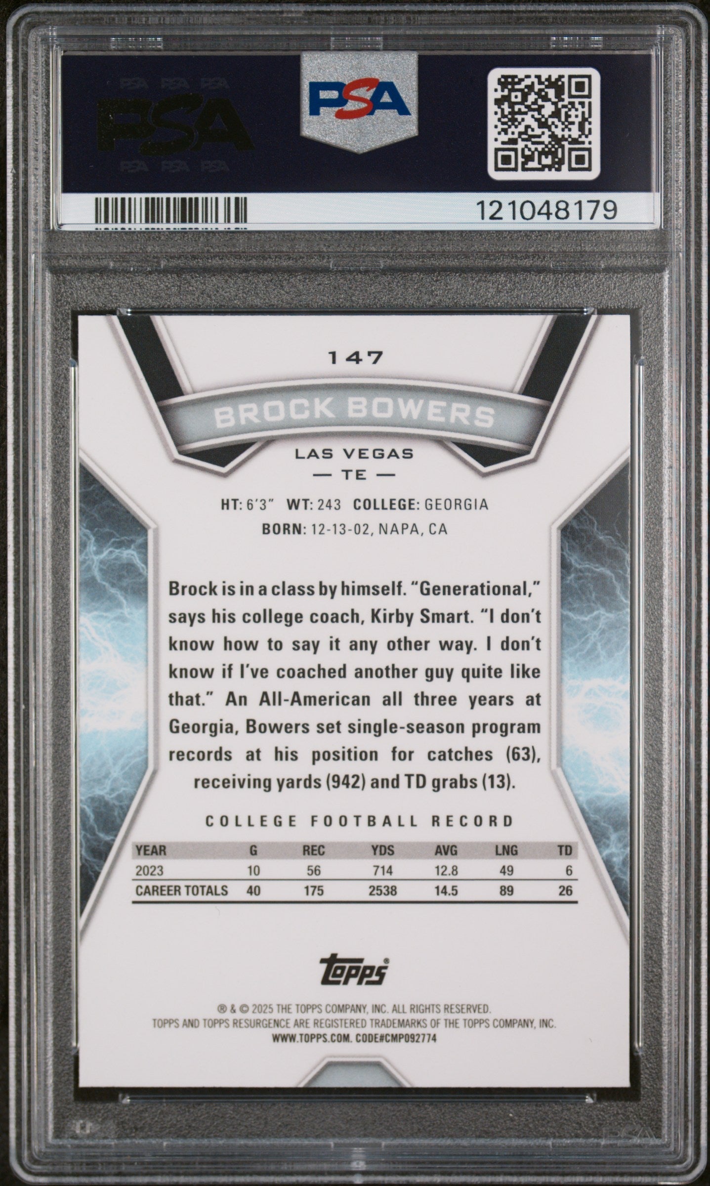 Graded 2024 Topps Resurgence Brock Bowers #147 Sky Blue & Pink Shock Rookie RC Football Card PSA 10 Gem Mint