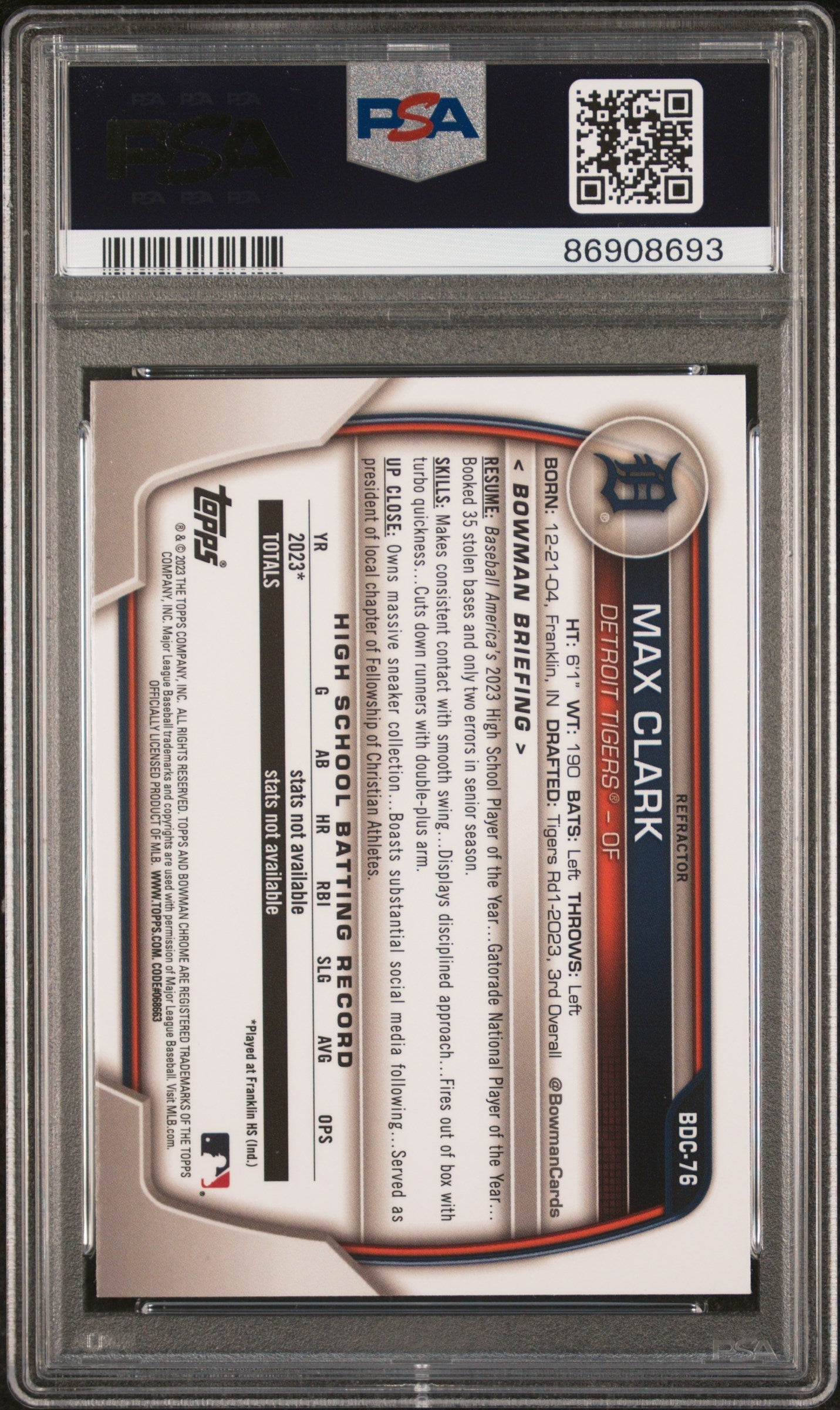 Graded 2023 Topps Bowman Draft Max Clark #BDC76 Chrome Refractor Rookie RC Baseball Card PSA 10 Gem Mint - Sport Cards