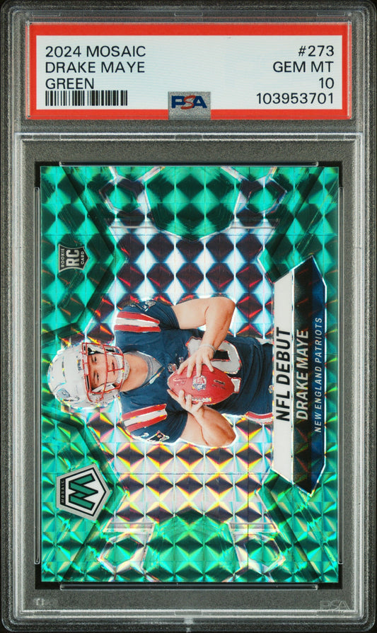 Graded 2024 Panini Mosaic Drake Maye #273 Green Rookie RC Football Card PSA 10 Gem Mint