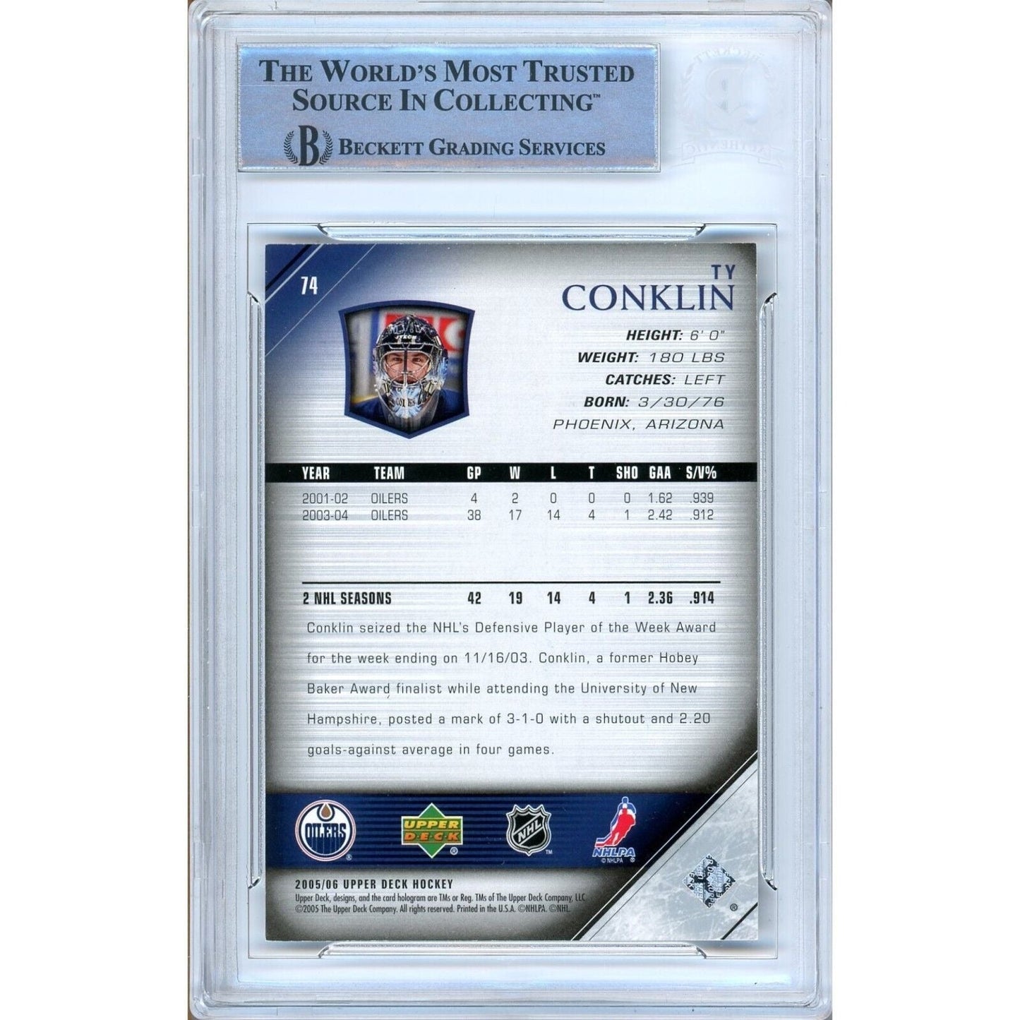 Ty Conklin Edmonton Oilers Signed 2005-06 Upper Deck Hockey Card Beckett Auth Auto Slab