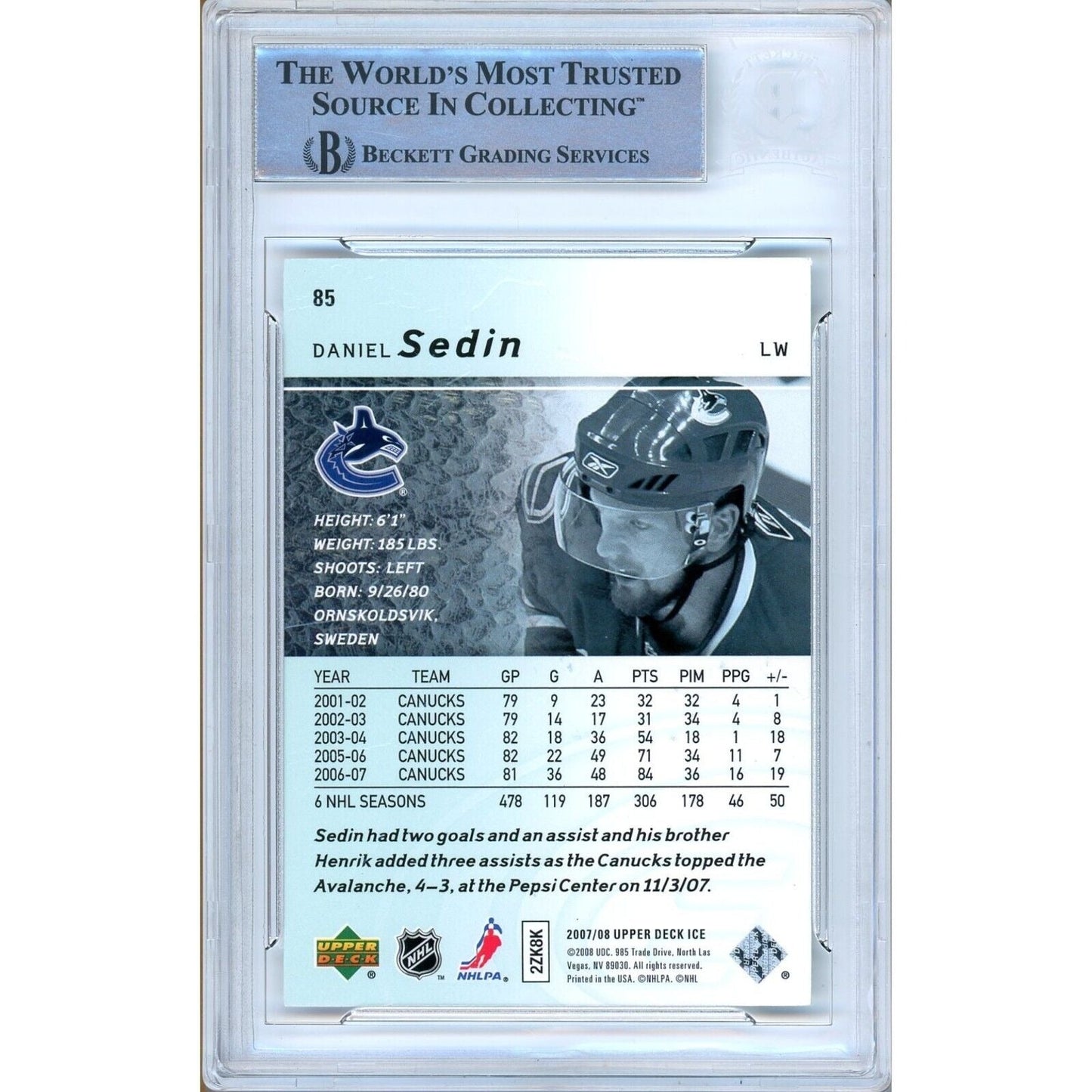 2007-08 Upper Deck Ice #85 — Daniel Sedin Vancouver Canucks Autographed Trading Card — Beckett Authentication