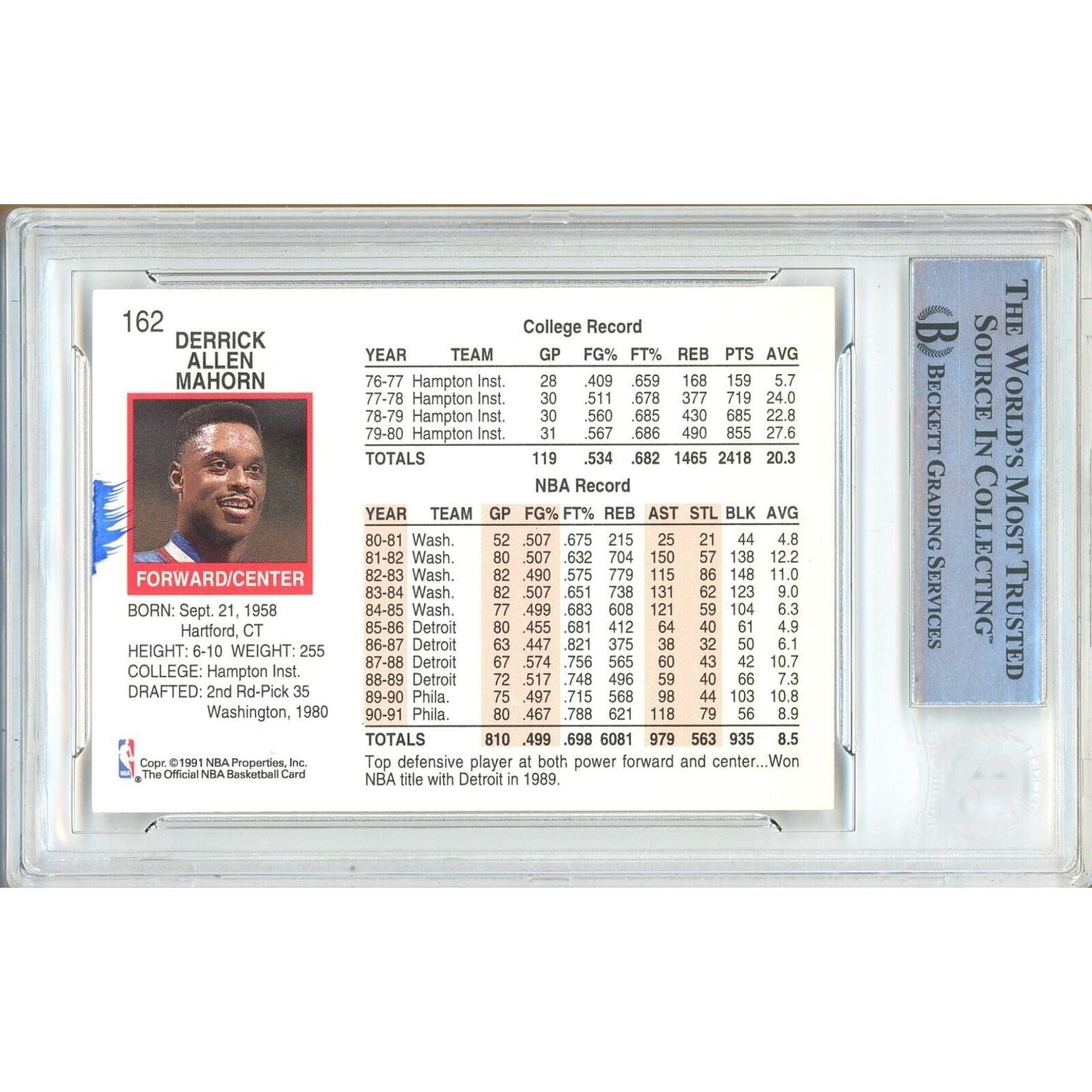 Rick Mahorn 76ers Signed 1991-92 NBA Hoops Card Sixers Beckett Authentic Auto Slab
