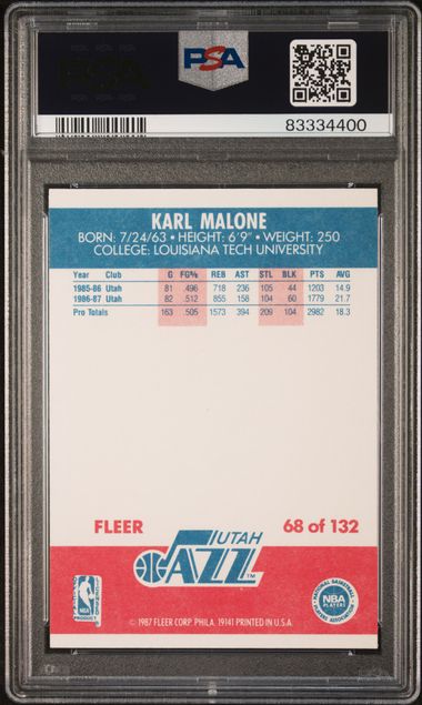 Graded 1987 Fleer Karl Malone #68 2nd Year Basketball Card PSA 9 Mint