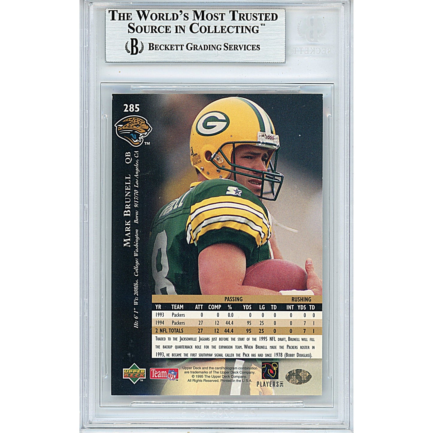 Mark Brunell Signed Green Bay Packers 1995 Upper Deck Football Card Beckett Auth Slab