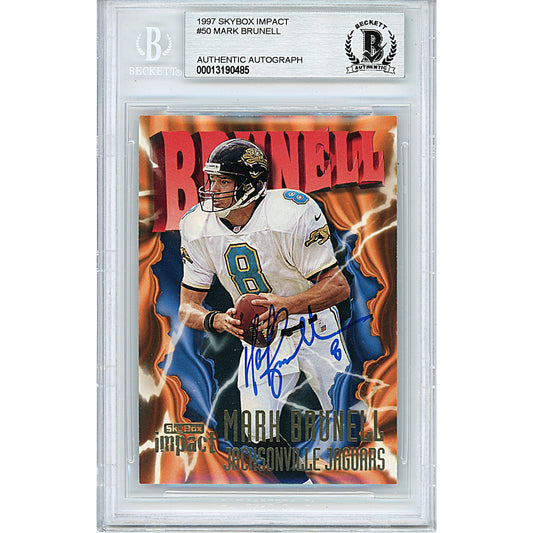 Mark Brunell Signed Jacksonville Jaguars 1997 Skybox Impact Football Trading Card Beckett Slabbed