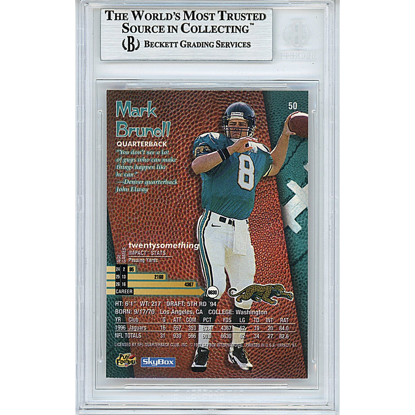 Mark Brunell Signed Jacksonville Jaguars 1997 Skybox Impact Football Trading Card Beckett Slabbed