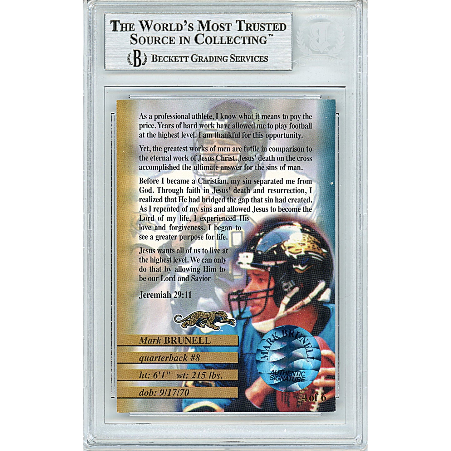 Mark Brunell Autographed Jacksonville Jaguars Custom Religious Football Card Beckett Slab