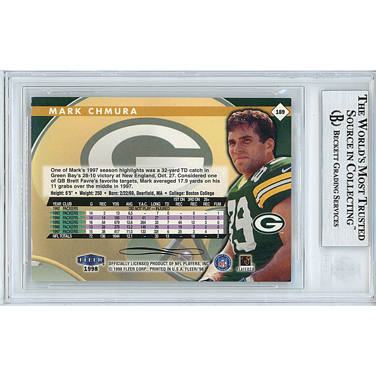 Mark Chmura Signed Green Bay Packers 1998 Fleer Tradition Football Card Beckett Slab