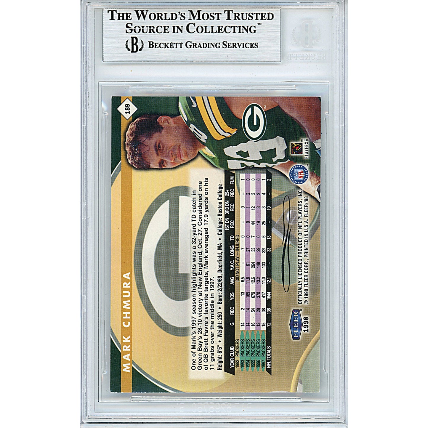 Mark Chmura Signed Green Bay Packers 1998 Fleer Tradition Football Card Beckett Slab