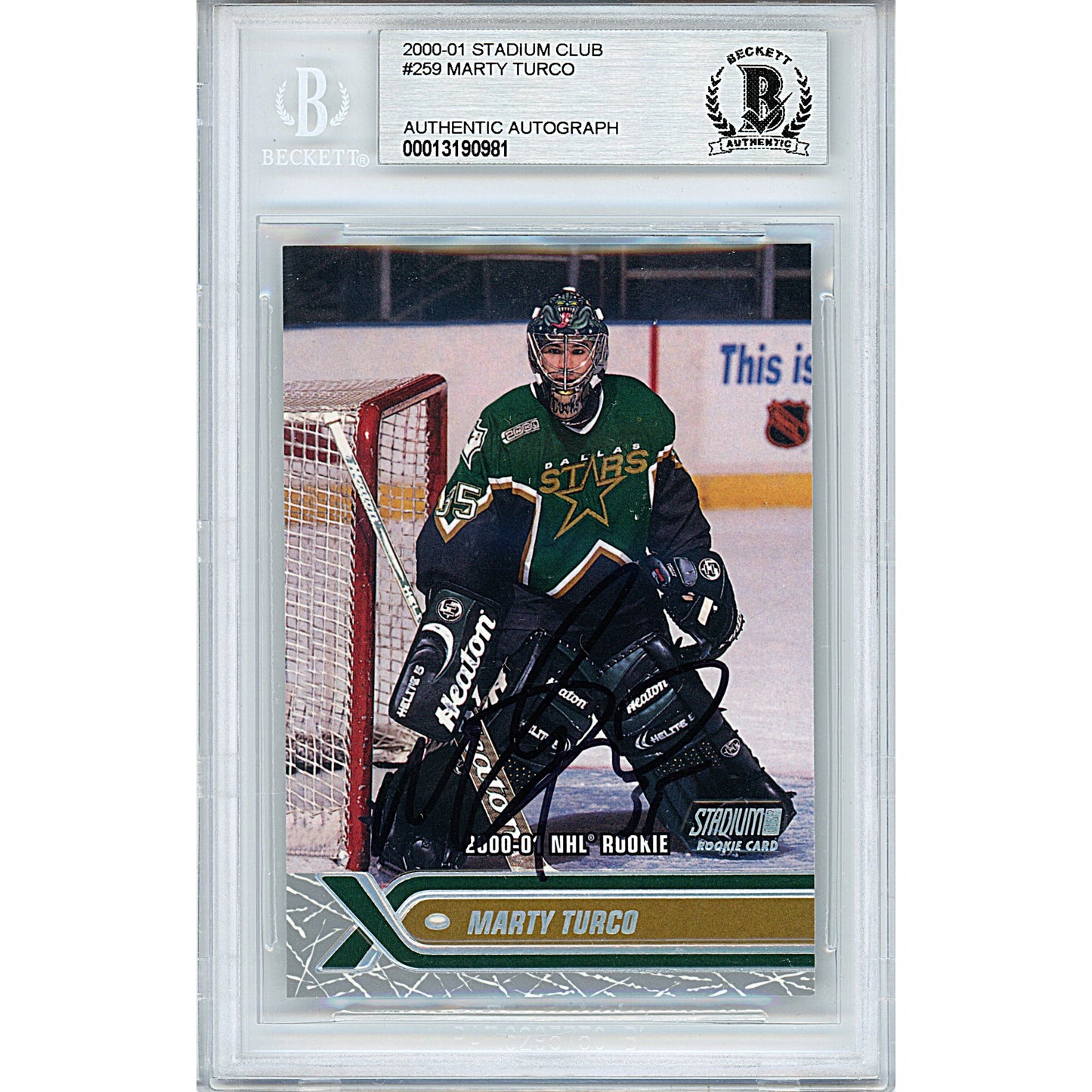 Marty Turco Signed Dallas Stars 2000-01 Stadium Club Rookie Hockey Card Beckett Slab