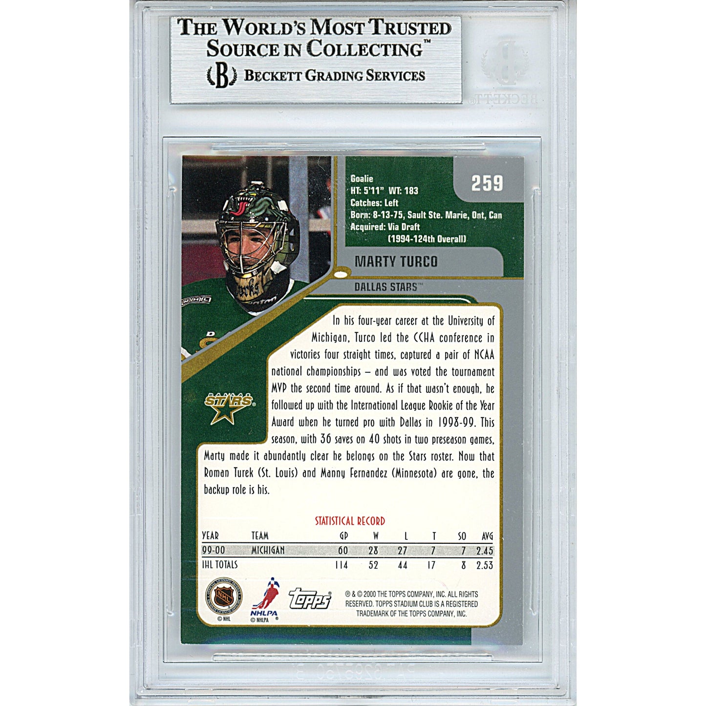 Marty Turco Signed Dallas Stars 2000-01 Stadium Club Rookie Hockey Card Beckett Slab