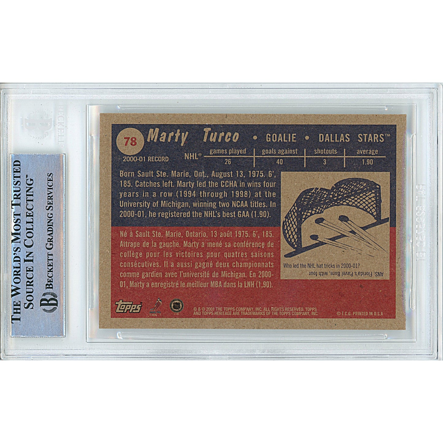 Marty Turco Signed Dallas Stars 2001-02 Topps Heritage Hockey Card Beckett Slab