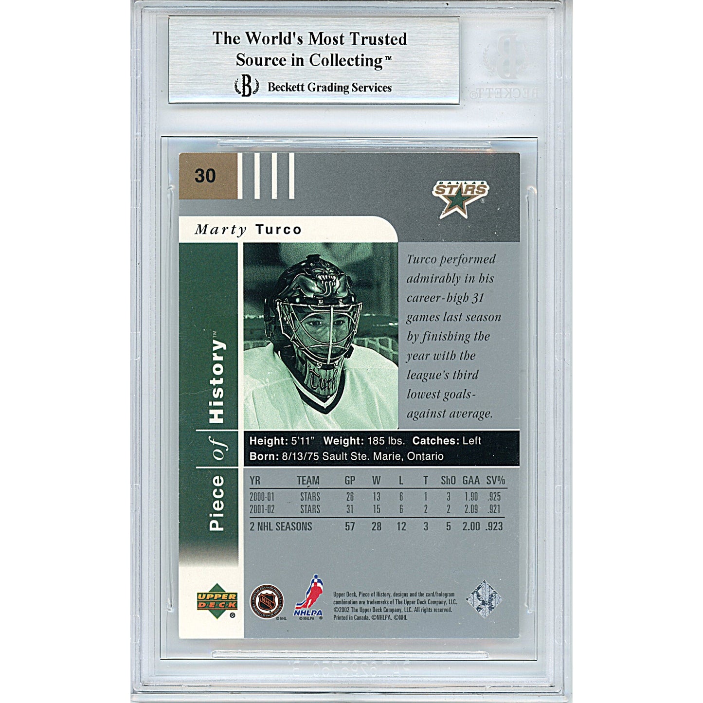 Marty Turco Signed Dallas Stars 2002-03 Upper Deck Piece of History Hockey Card Beckett