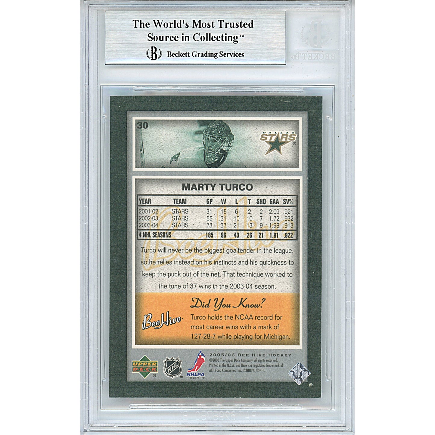 Marty Turco Signed Dallas Stars 2005-06 Beehive Hockey Card Beckett Auth Auto Slab