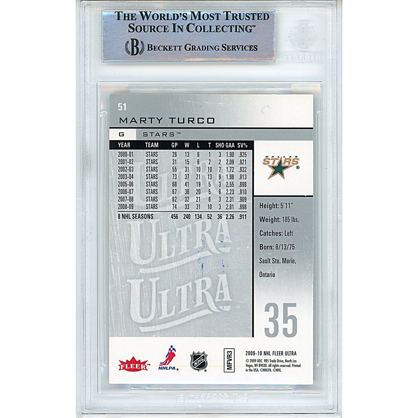 Marty Turco Signed Dallas Stars 2009-2010 Fleer Ultra Hockey Card Beckett Auth Auto Slab