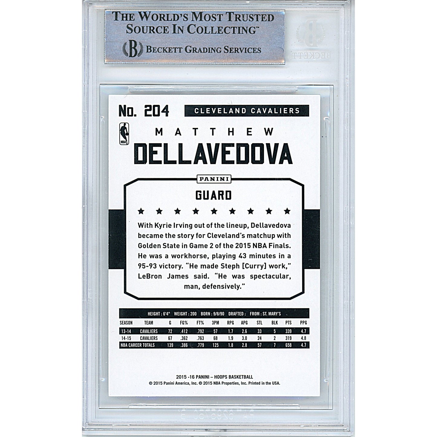 Matthew Dellavedova Signed Cleveland Cavaliers 2015-16 Hoops Basketball Card Beckett