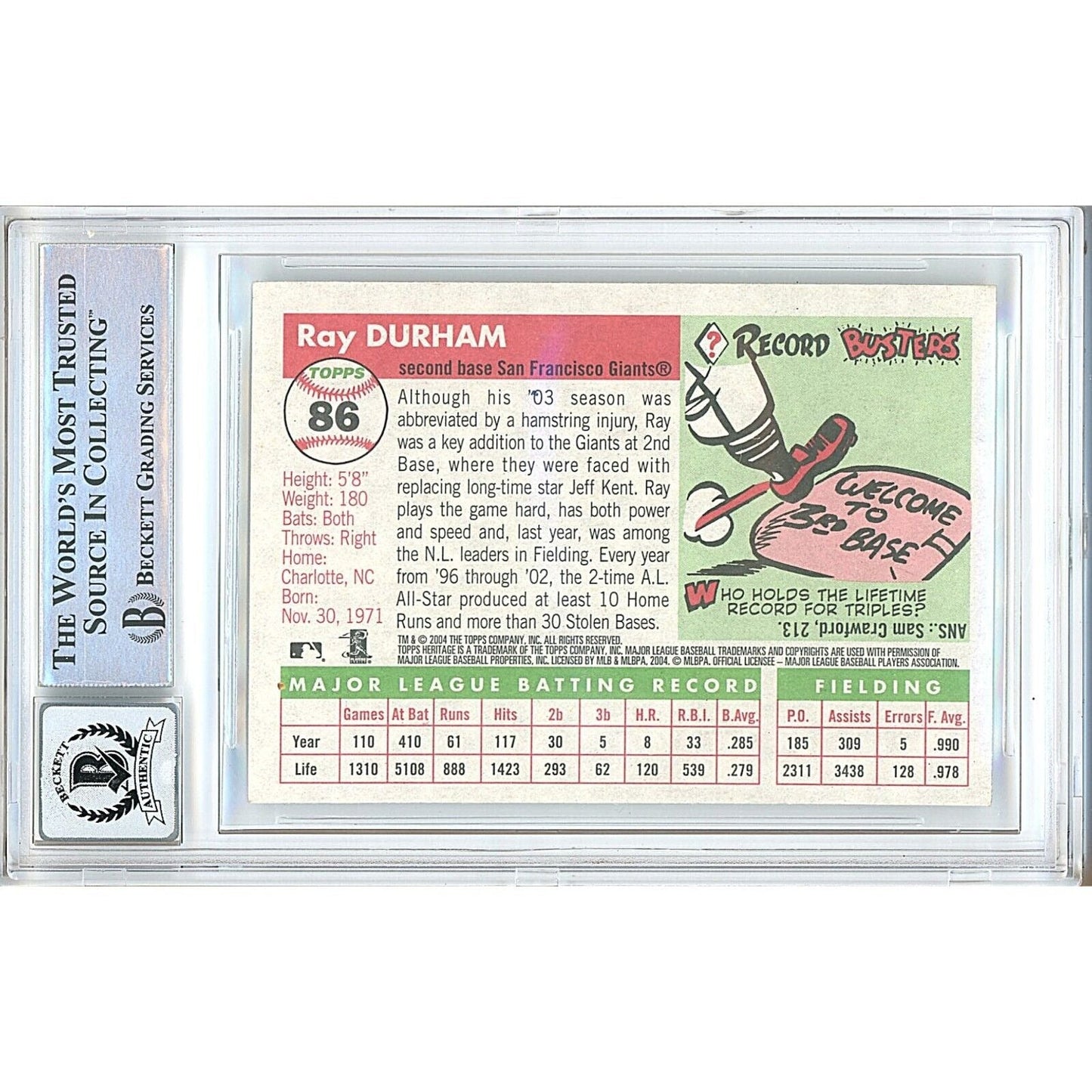 Ray Durham San Francisco Giants Signed 2004 Topps Heritage Card BGS Auto 10 Graded