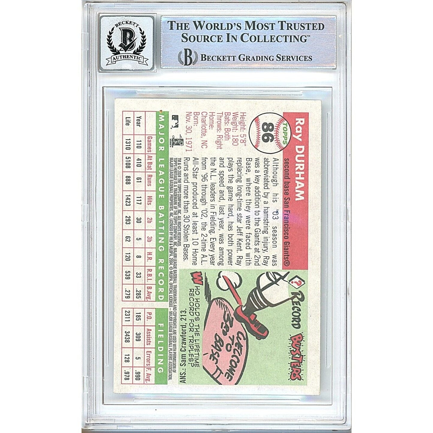Ray Durham San Francisco Giants Signed 2004 Topps Heritage Card BGS Auto 10 Graded