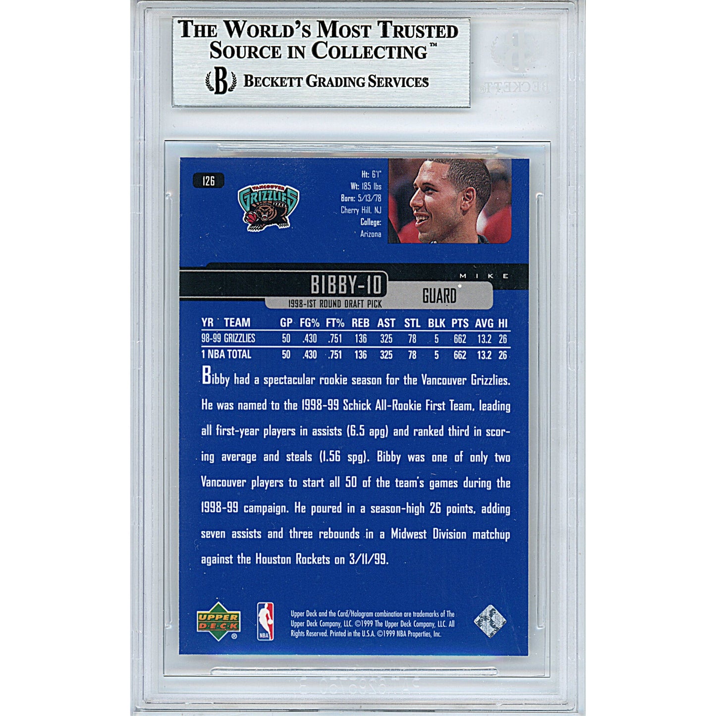 Mike Bibby Signed Vancouver Grizzlies 1999-00 Upper Deck Basketball Card Beckett Slab