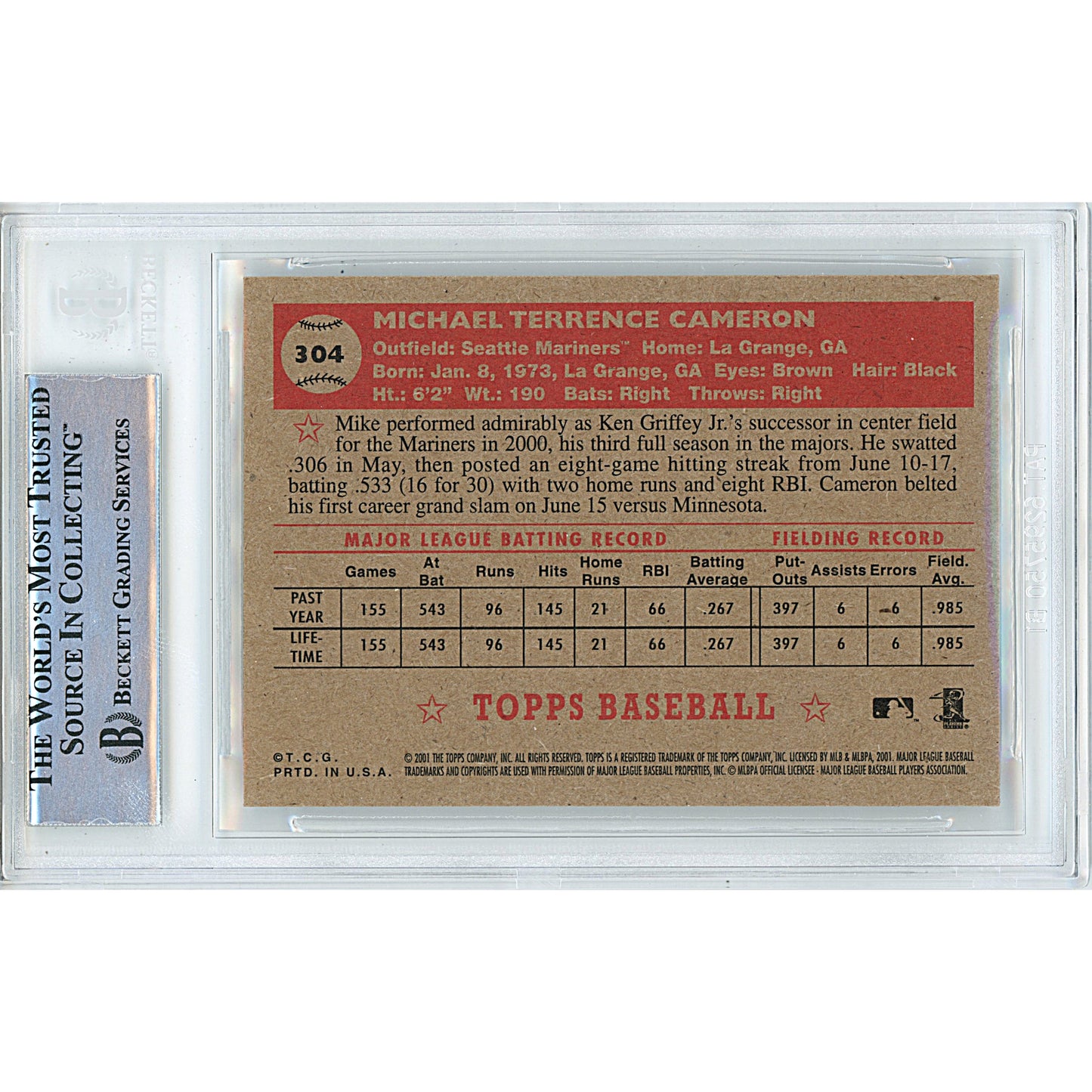 Mike Cameron Signed Seattle Mariners 2001 Topps Heritage Baseball Card Beckett Slab