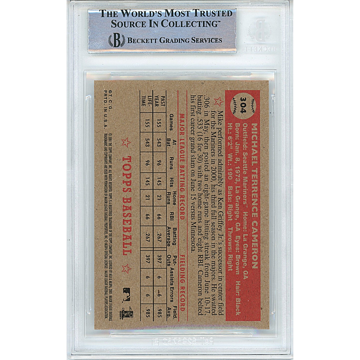 Mike Cameron Signed Seattle Mariners 2001 Topps Heritage Baseball Card Beckett Slab