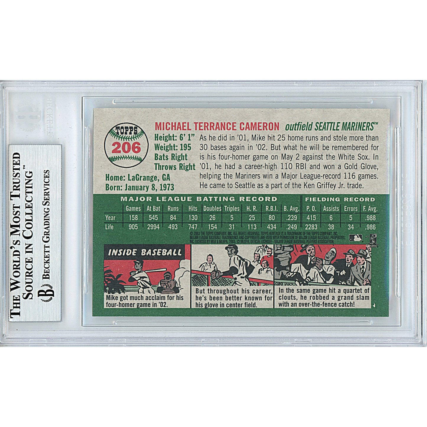 Mike Cameron Signed Seattle Mariners 2003 Topps Heritage Baseball Card Beckett Slab