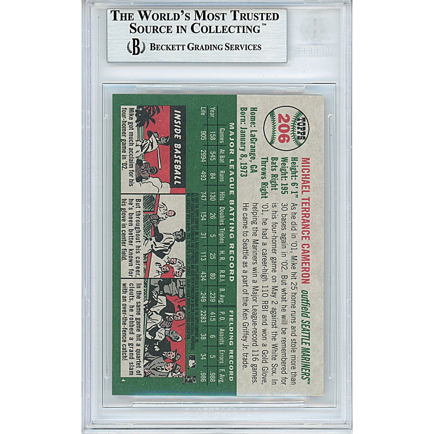 Mike Cameron Signed Seattle Mariners 2003 Topps Heritage Baseball Card Beckett Slab