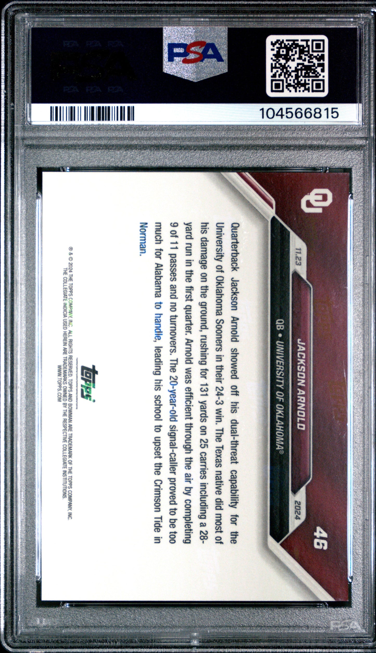 Graded 2024 Topps Bowman U Now Jackson Arnold #46 Rookie RC Football Card PSA 10 Gem Mint