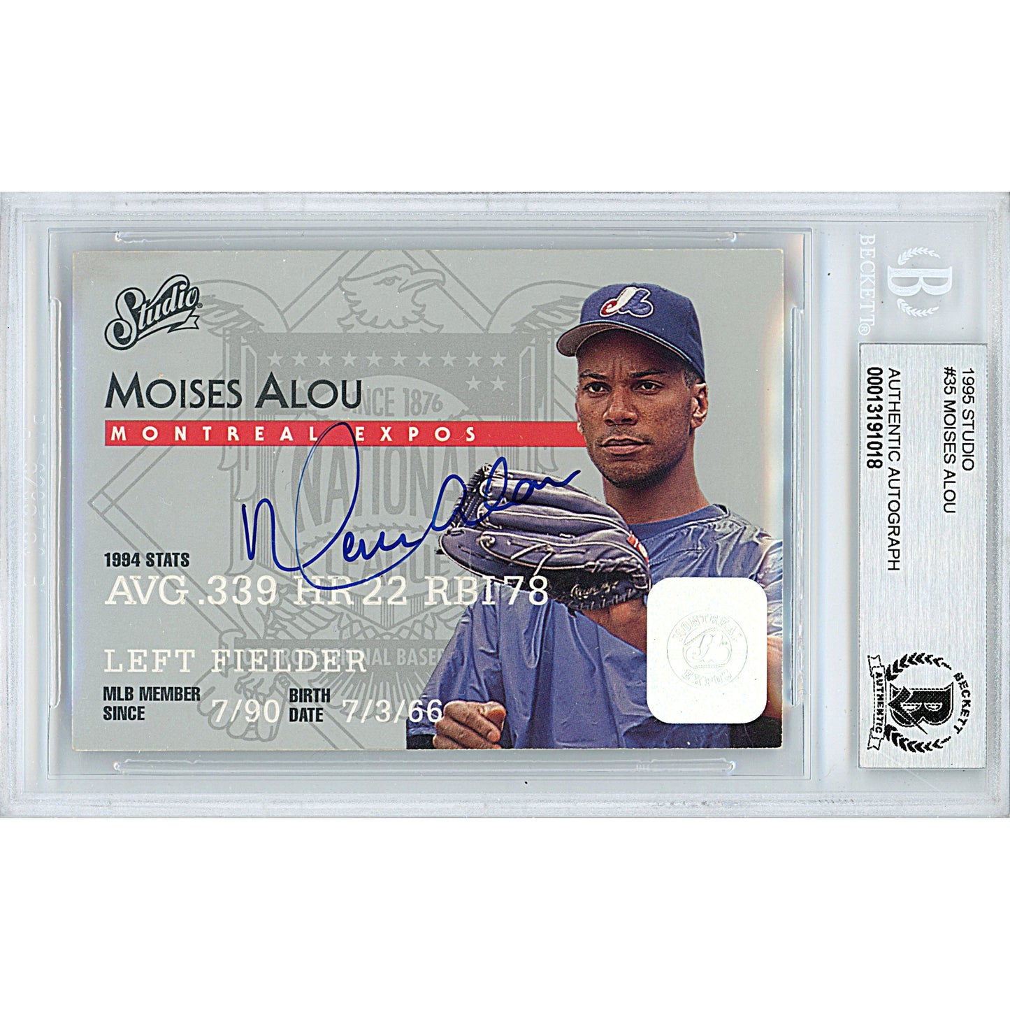 Moises Alou Signed Montreal Expos 1995 Studio Baseball Card Beckett Authentic Auto Slab