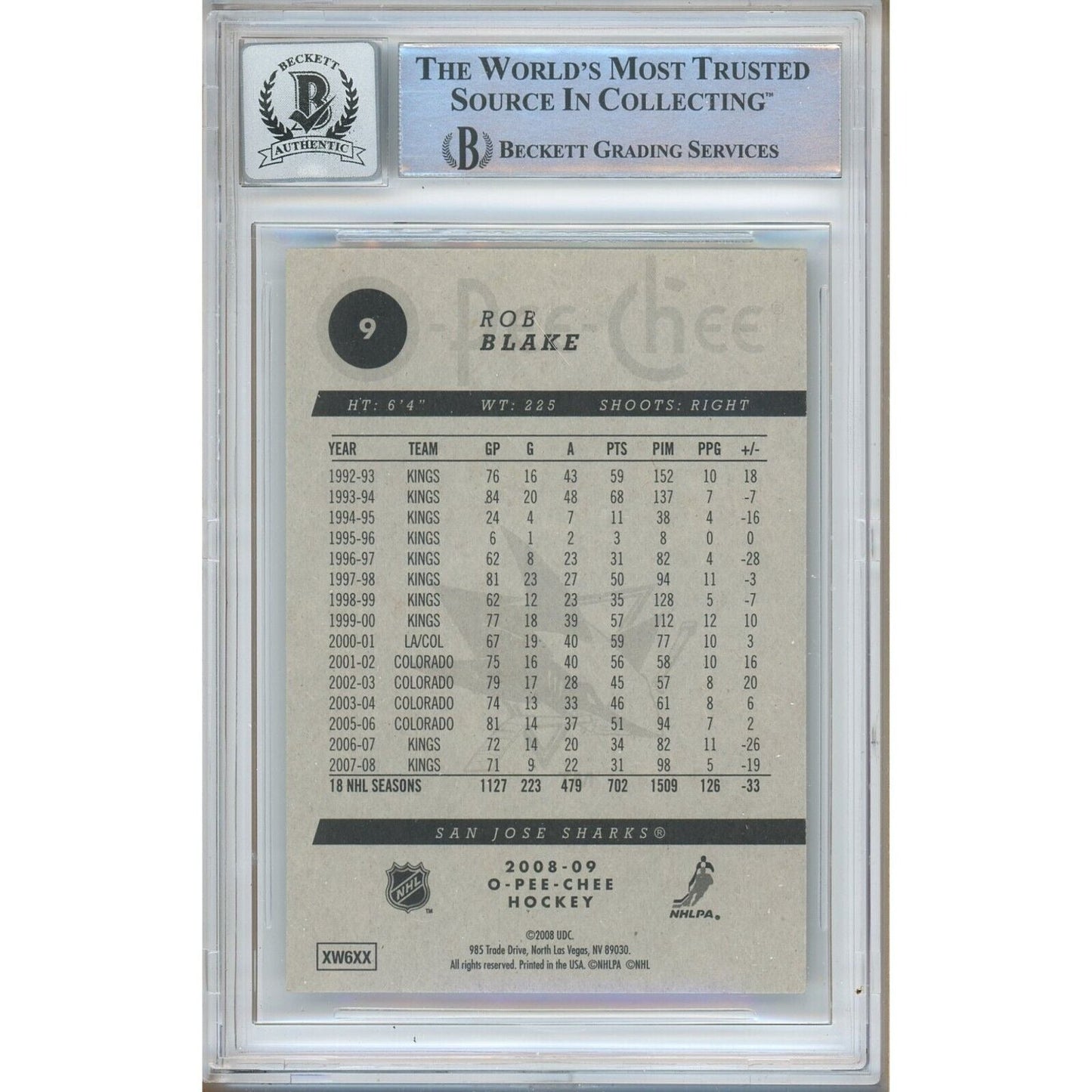 Rob Blake Los Angeles Kings Signed 2008-09 O-Pee-Chee Card BGS Auto 10 Graded Slab