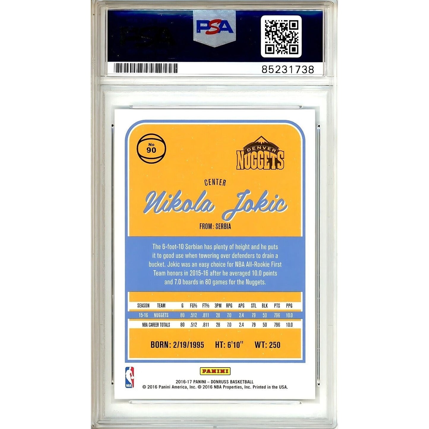 Nikola Jokic Denver Nuggets Signed 2016-17 Panini Donruss Basketball Card PSA Auth Auto