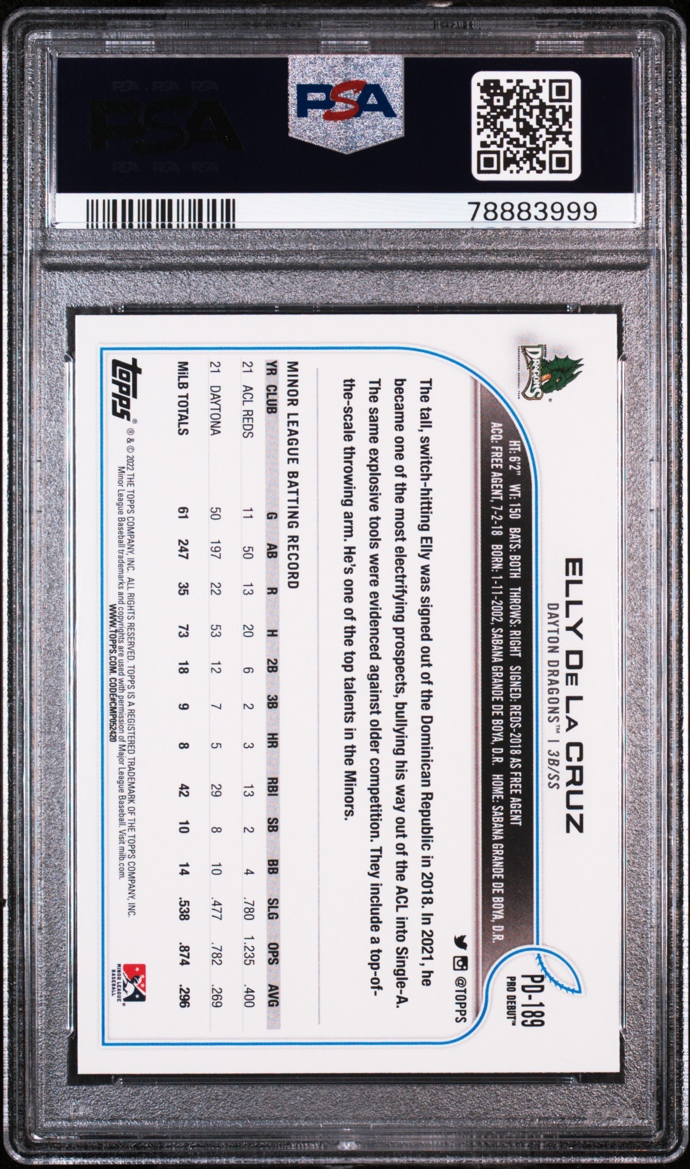 Graded 2022 Topps Pro Debut Elly De La Cruz #PD189 Rookie RC Baseball Card PSA 10 Gem Mint