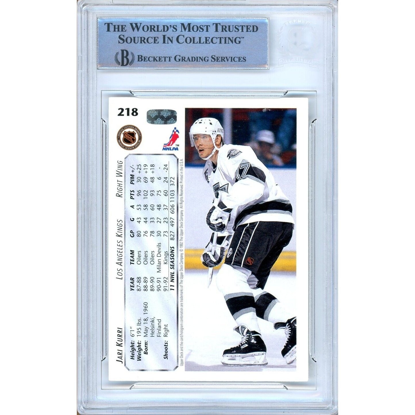 1992-93 Upper Deck #218 — Jari Kurri LA Kings Autographed Trading Card — Beckett Authentication