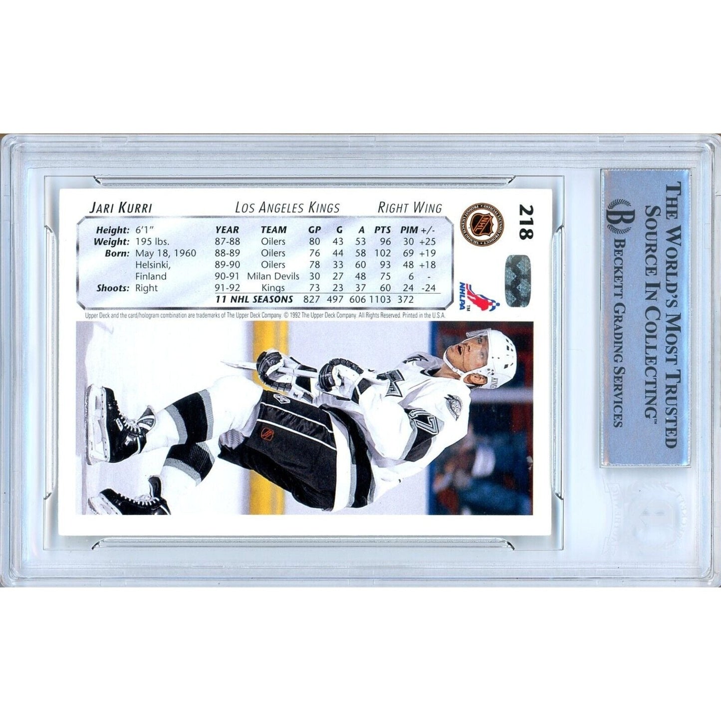 1992-93 Upper Deck #218 — Jari Kurri LA Kings Autographed Trading Card — Beckett Authentication